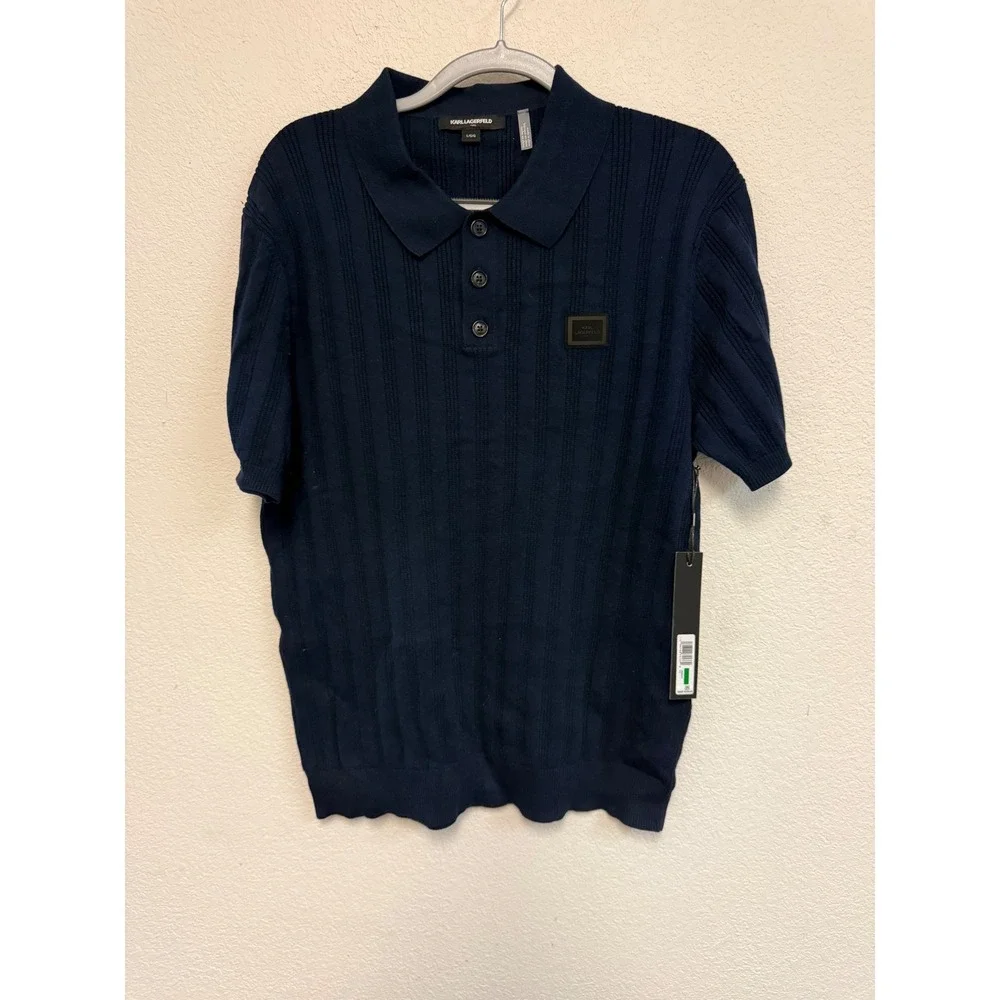 Karl Lagerfeld Paris Mens Navy Blue Ribbed Knit Polo Shirt Short Sleeve Large